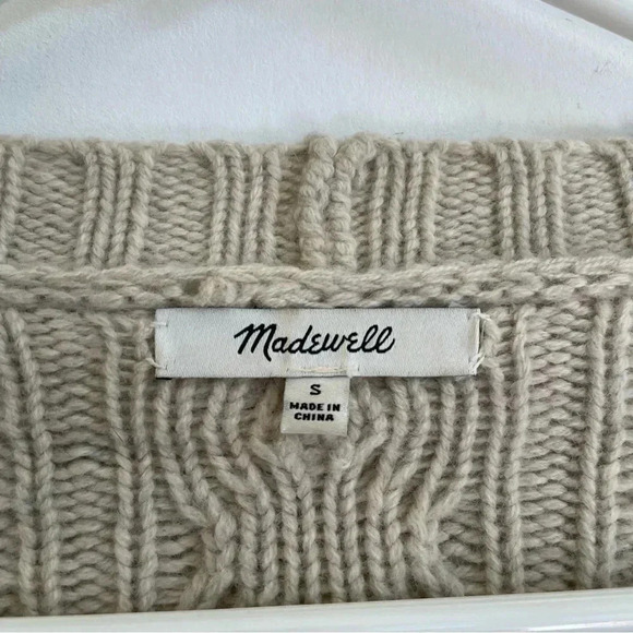 Madewell Cable Knit Fringe Cardigan Sweater 100% Merino Wool Tan Crop - Picture 9 of 13